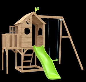 Treehouse wooden play tower, with Panel kit, balcony, wavy slide & swing arm - FSC<sup>&reg;</sup> certified