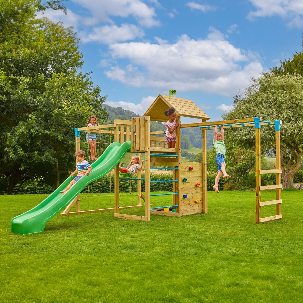 Children playing on the skywood wooden climbing frame
