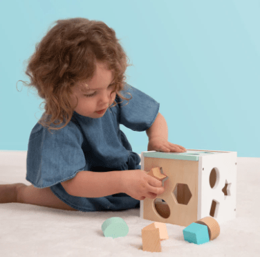 Toddler playing with wooden shape sorter