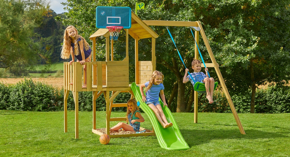 Children playing on treehouse playhouse