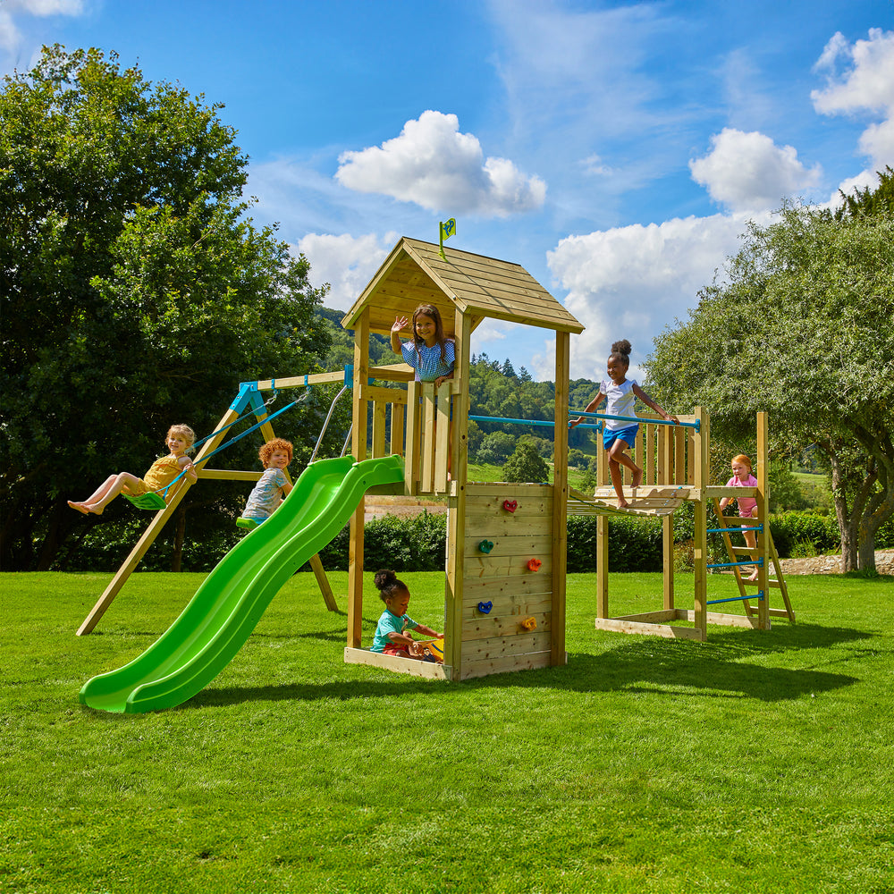 Children playing on Skywood wooden climbing frame