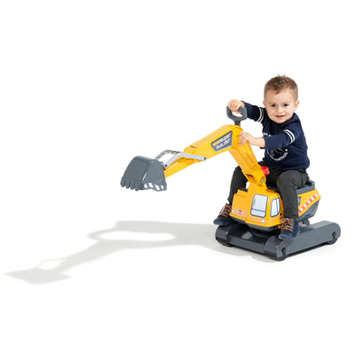 A child on the TP Toys Falk Power Builder Digger with Opening Seat enjoys imaginative play, operating the articulated mechanical shovel just like a real construction pro.