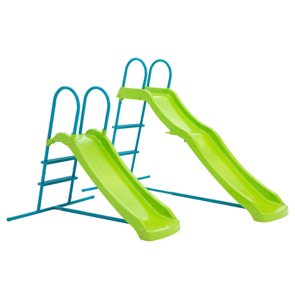 Two TP Toys TP Small to Tall Growable Slides with blue metal frames and ladders, placed side by side on a white background, make an ideal outdoor toy for active kids.