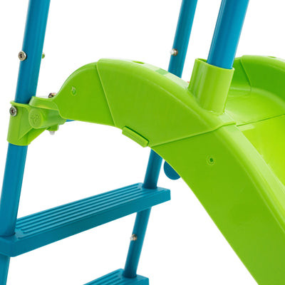 Close-up of the TP Toys TP Small to Tall Growable Slide, showing bright blue steps and a green plastic side panel on sturdy blue metal supports—an ideal outdoor toy for kids.