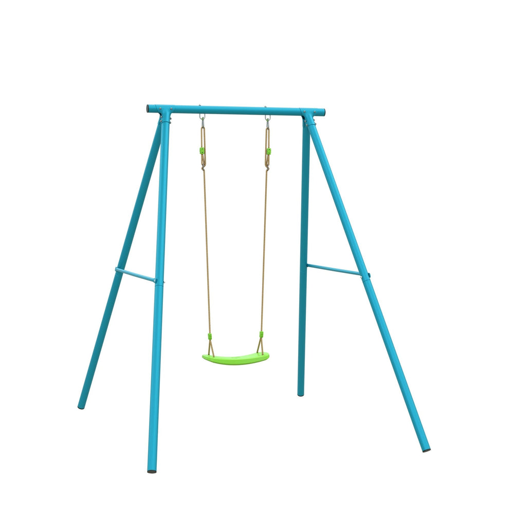 The TP Toys TP Deluxe Single Metal Swing Set features a powder-coated steel frame and an adjustable green Rapide seat with ropes, designed for durability and fun.