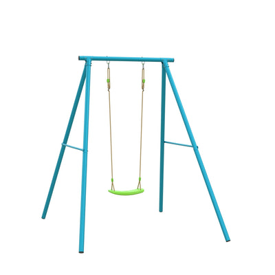 The TP Toys TP Deluxe Single Metal Swing Set features a powder-coated steel frame and an adjustable green Rapide seat with ropes, designed for durability and fun.