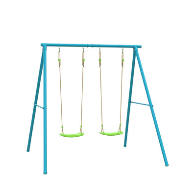 The TP Toys TP Deluxe Double Metal Swing Set features adjustable green Rapide seats on ropes and a sturdy powder-coated steel frame, shown here against a white background.