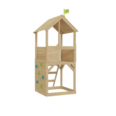 The TP Toys Treehouse Wooden Play Tower, FSC® certified, features an open roof, colorful climbing wall grips, a ladder, and a cheerful yellow flag on top.
