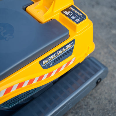 The TP Toys Falk Power Builder Digger with Opening Seat features a yellow and grey design, 360° spin, and robust versatility—ideal for any job site adventure.