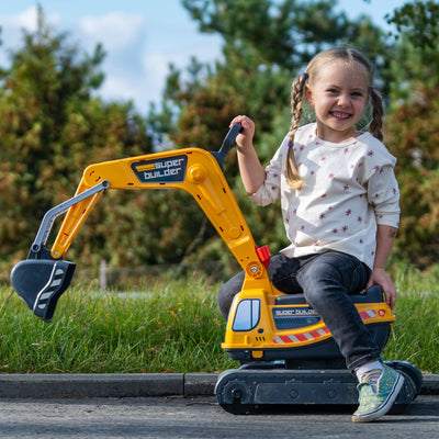 A girl enjoys riding on the TP Toys Falk Power Builder Digger with Opening Seat, sitting atop its articulated mechanical shovel.