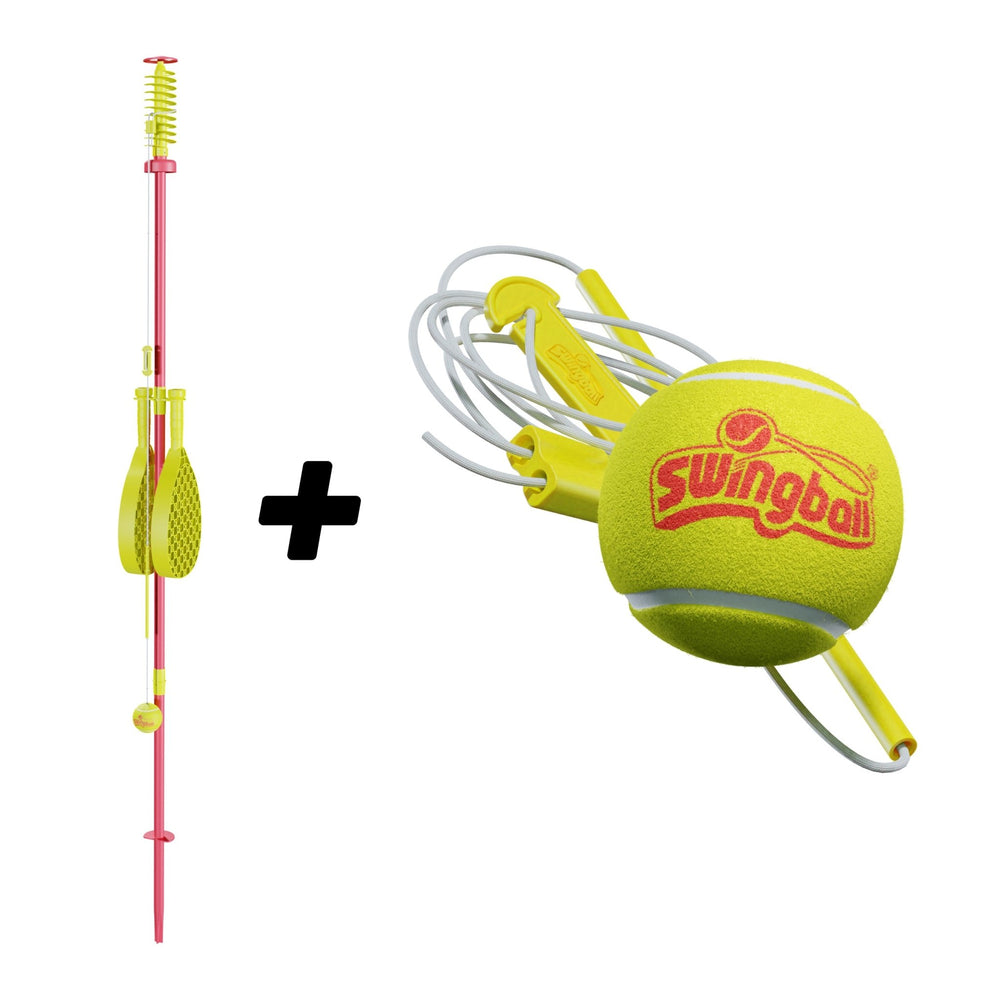 The Swingball Classic Swingball With Additional Ball & Tether by Swingball includes a yellow pole, two paddles, and a yellow tennis ball—ideal for fun family garden games that help build hand-eye coordination.