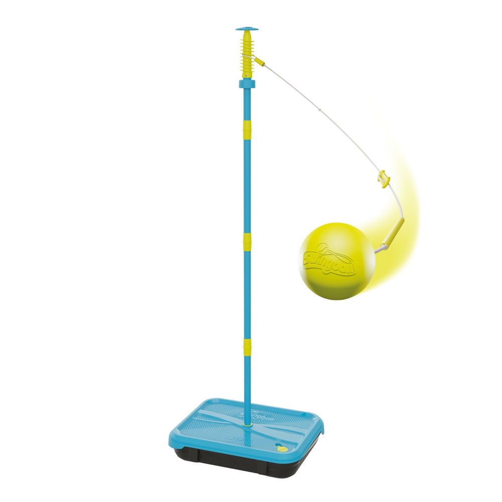 The TP Toys All Surface Light Swingball features a blue and yellow tetherball, height-adjustable pole, and an all-surface blue rectangular base for easy portability.
