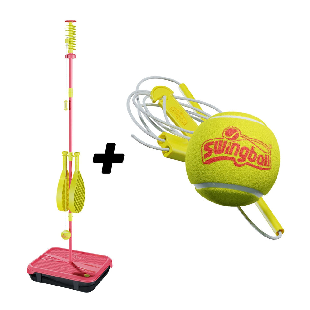 The Swingball Classic All Surface Swingball® With Additional Ball & Tether set by Swingball includes a pole, base, two rackets, and two tethered balls—ideal for family fun on any surface.
