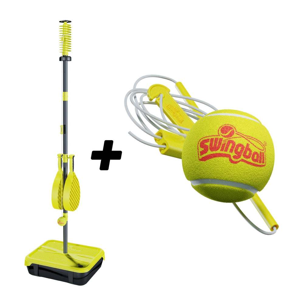 The Swingball Pro All Surface Swingball® with Additional Ball & Tether includes a sturdy all surface base, pole, power bats, and two yellow tennis balls attached to tethers.