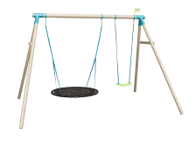 The TP Toys Knightswood Triple Wooden Swing Set features a Giant Nest swing and green plastic seat, both on blue and white ropes—perfect for triple swing fun. PEFC Certified for quality and sustainability.
