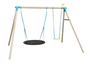 The TP Toys Knightswood Triple Wooden Swing Set features a Giant Nest swing and green plastic seat, both on blue and white ropes—perfect for triple swing fun. PEFC Certified for quality and sustainability.