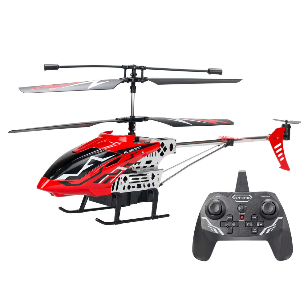 The TP Toys Sky Knight, a large red and black RC helicopter with bright LED lights for night flying, is displayed next to its matching black handheld controller.