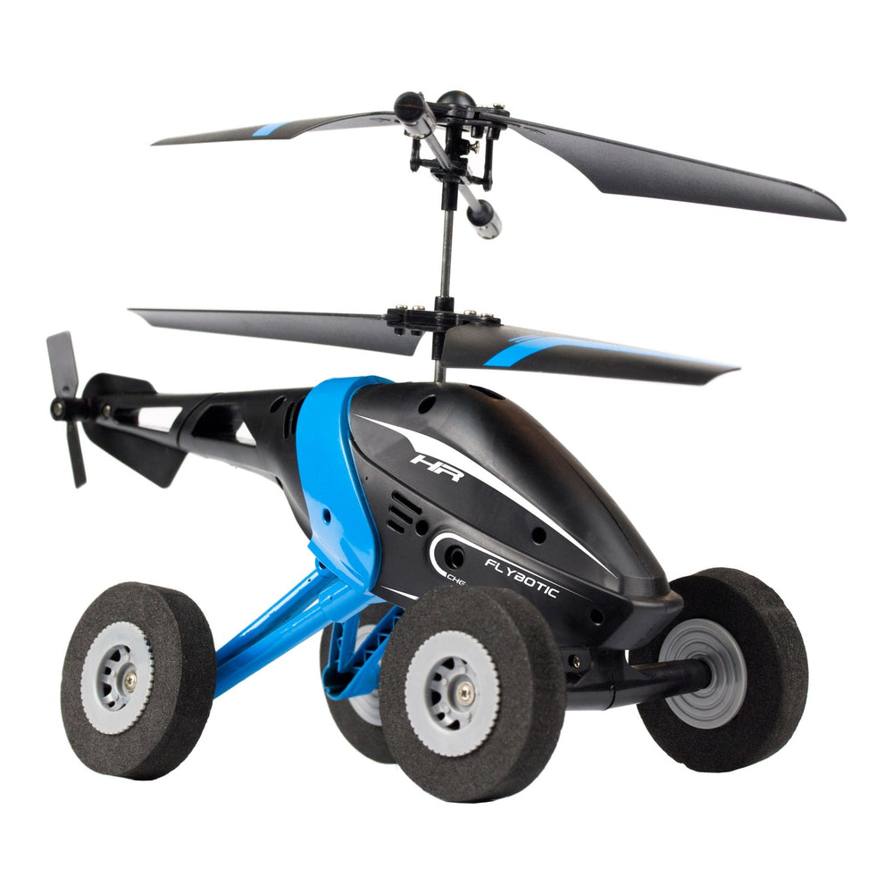 The TP Toys Flybotic Air Wheelz is a small black and blue RC helicopter with two rotors and four foam wheels, designed for flying and driving, providing excellent stability in the air.