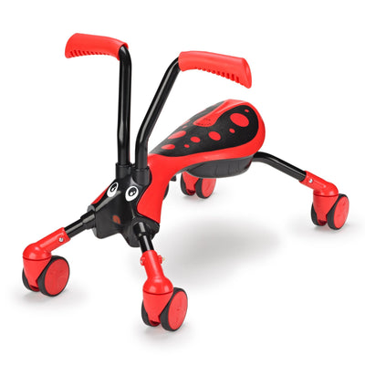 The TP Toys ScrambleBug Beetle 4 Wheel Kids Ride On is a red and black toddler toy styled like a ladybug, featuring four wheels, two handlebars, and a cute face with front eyes.