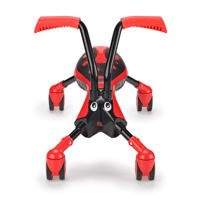 The TP Toys ScrambleBug Beetle 4 Wheel Kids Ride On is a red and black toddler toy with handlebars, four wheels, and a bug-like face with eyes printed on the front.