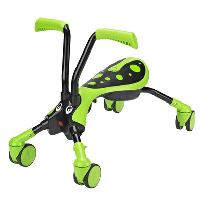 The TP Toys ScrambleBug Hornet 4 Wheel Kids Ride On features a green and black bug-inspired design with spots, cartoon eyes, two upright handles, and offers 360-degree movement for extra fun.