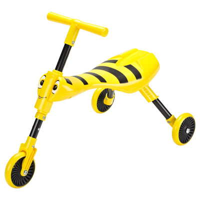 The TP Toys Scuttlebug Bumble Foldable Ride On Trike features a yellow and black three-wheel design, handlebar, smiling face, and bee-like stripes on the seat.