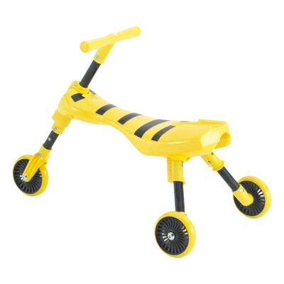 The TP Toys Scuttlebug Bumble Foldable Ride On Trike is a yellow, three-wheel toddler trike with black handlebars and accents, designed without pedals.