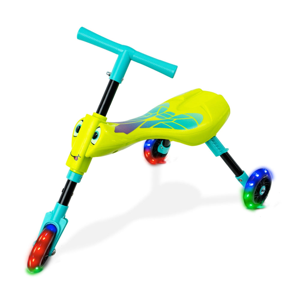 The TP Toys Scuttlebug Firefly is a three-wheeled ride-on scooter with a yellow seat, turquoise handlebars, and motion-powered light-up wheels for colorful fun on every ride.