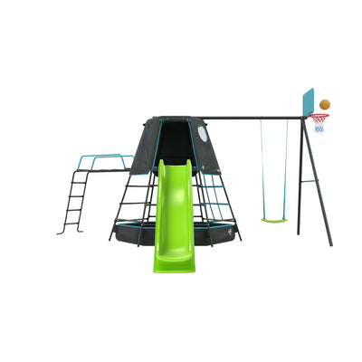 The TP Toys Explorer Metal Climbing Frame Black Edition features a ripple slide, swing arm, jungle run, and basketball hoop for endless active fun outdoors.