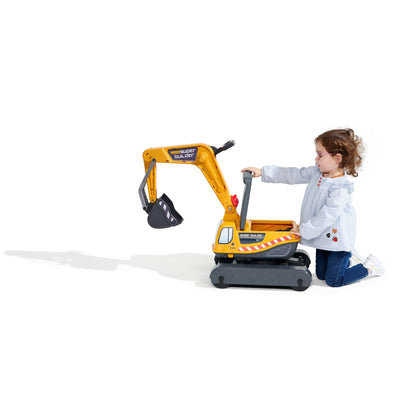A young child kneels on one knee while operating a TP Toys Falk Power Builder Digger with Opening Seat and an articulated mechanical shovel on a white background.