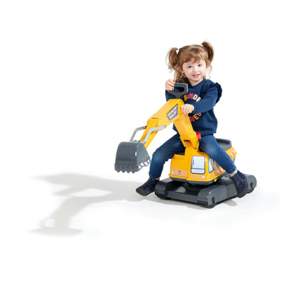 A child enjoys the 360° spin excavator feature while riding the TP Toys Falk Power Builder Digger with Opening Seat.
