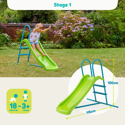 A young child enjoys the TP Small to Tall Growable Slide by TP Toys in a garden; at 100 cm high and 115 cm long, this adjustable slide is perfect for kids aged 18 months to 3+ years.