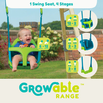 A child enjoys the TP Toys TP Forest Wooden Double Swing with Quadpod - FSC® certified. Inset images show its four adjustable stages for kids 6 months to 8 years. Growable Range branding is below. Made with durable FSC wood for outdoor fun.