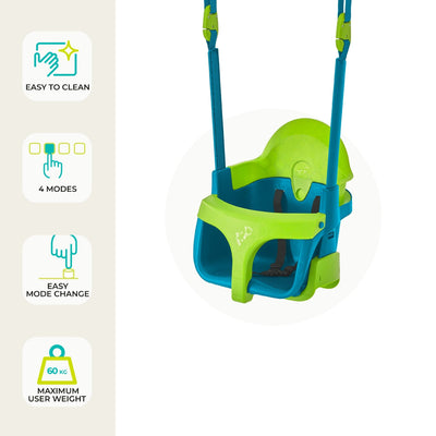 The TP Toys TP Forest Wooden Double Swing with Quadpod (FSC® certified) features a green and blue seat, blue ropes, easy cleaning, 4 modes with simple change, 60 kg max weight—ideal for any Double Swing Set or FSC-certified wood play frame.