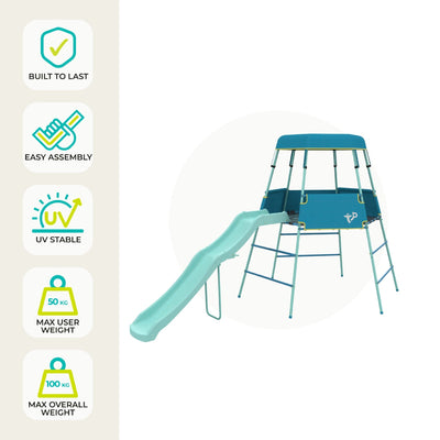 The TP Toys TP Growable Adventurer Metal Climbing Frame is a teal and light green outdoor playset with slide, canopy, ladder, and expandable climbing frame. Durable, UV stable, easy to assemble; supports 50kg/user and 100kg overall.