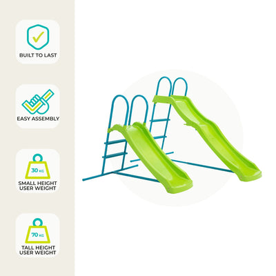 Two TP Toys TP Small to Tall Growable Slides with blue frames are side by side. Icons show durability, easy assembly, and user weight limits: 30 kg (small) and 70 kg (tall). This growable slide is perfect for growing kids outdoors.