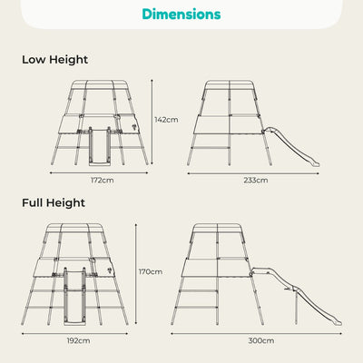 Line drawings show the TP Toys TP Growable Adventurer Metal Climbing Frame at low, mid, and full heights with labeled dimensions: 142cm/172cm/233cm and 170cm/192cm/300cm, plus slide and climbing features.