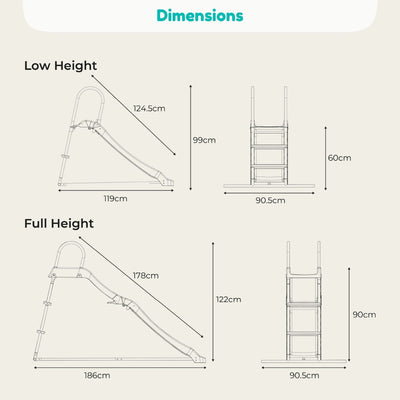 Diagram displaying the TP Toys TP Small to Tall Growable Slide at both low and full height, with labeled width, height, and length dimensions—an outdoor toy that adapts as your child grows.