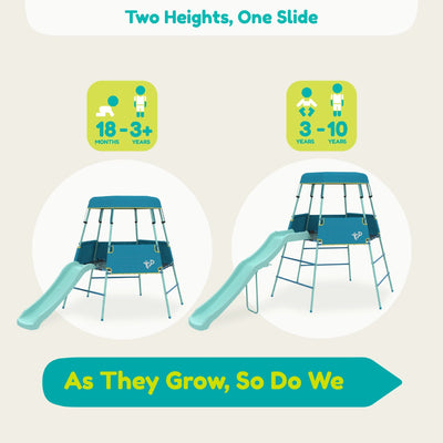 TP Toys’ TP Growable Adventurer Metal Climbing Frame offers two slide heights for ages 18 months–3+ years and 3–10 years, with the message: As They Grow, So Do We.