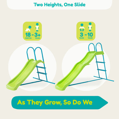 The TP Toys Small to Tall Growable Slide comes in two green versions with blue steps: a small outdoor slide for ages 18m–3y, and an adjustable taller slide for ages 3–10. Text reads, “As They Grow, So Do We.”.