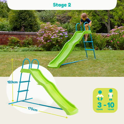 A child climbs the TP Toys TP Small to Tall Growable Slide with a blue ladder in a garden. Measuring 123 cm high and 175 cm long, it’s an ideal outdoor toy for ages 3–10.