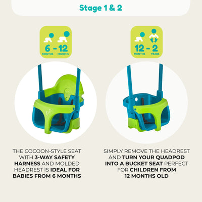 Two TP Toys Quadpod Swing Seats are seen on the TP Forest Wooden Double Swing with Quadpod - FSC® certified: one with a headrest and harness for babies 6–12 months, another without headrest for kids 12 months–2 years.