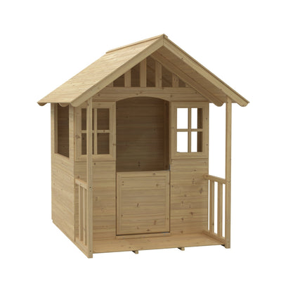 The Clover Cottage Wooden Playhouse by TP Toys features a pitched roof, two windows, a half-door, and a front porch—perfect for imaginative play. Made from FSC® certified wood.