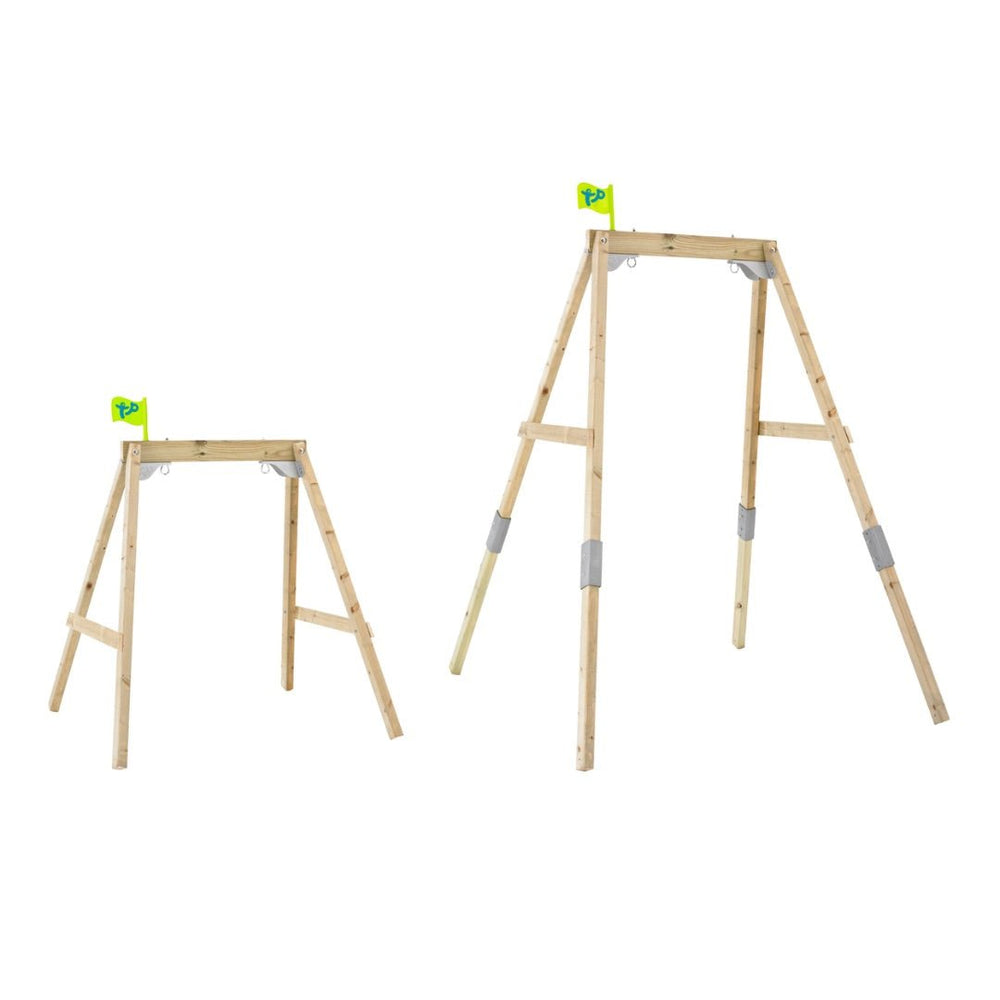 Two TP Toys Forest Acorn Growable Wooden Swing Frames (FSC® certified) of different heights, each with a small green flag, stand on a white background.