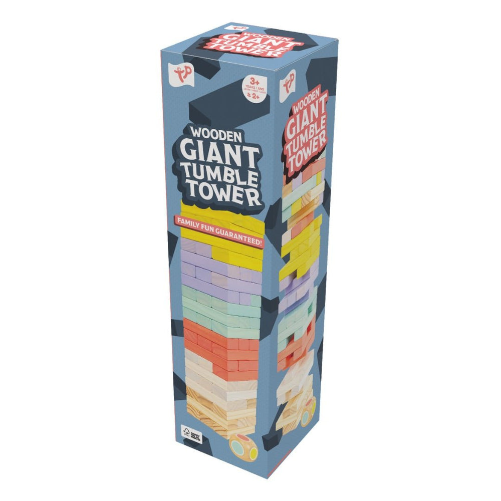 The TP Toys TP Giant Wooden Tumble Tower is made from FSC® certified wood, features pastel-colored blocks, and is designed for ages 3+, offering family fun.