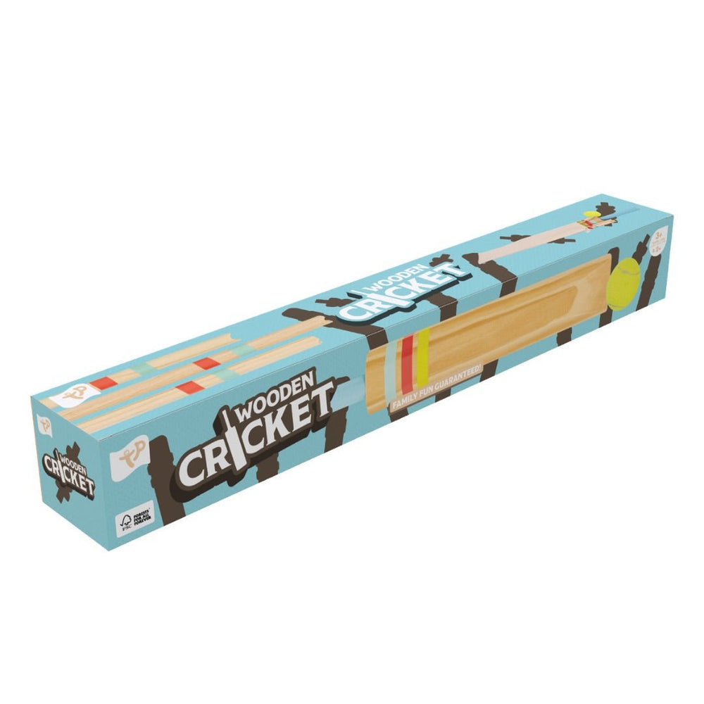 A rectangular blue box with graphics and text reading TP Wooden Cricket Set - FSC® certified by TP Toys contains a wooden kids cricket set—perfect for ages 2+.