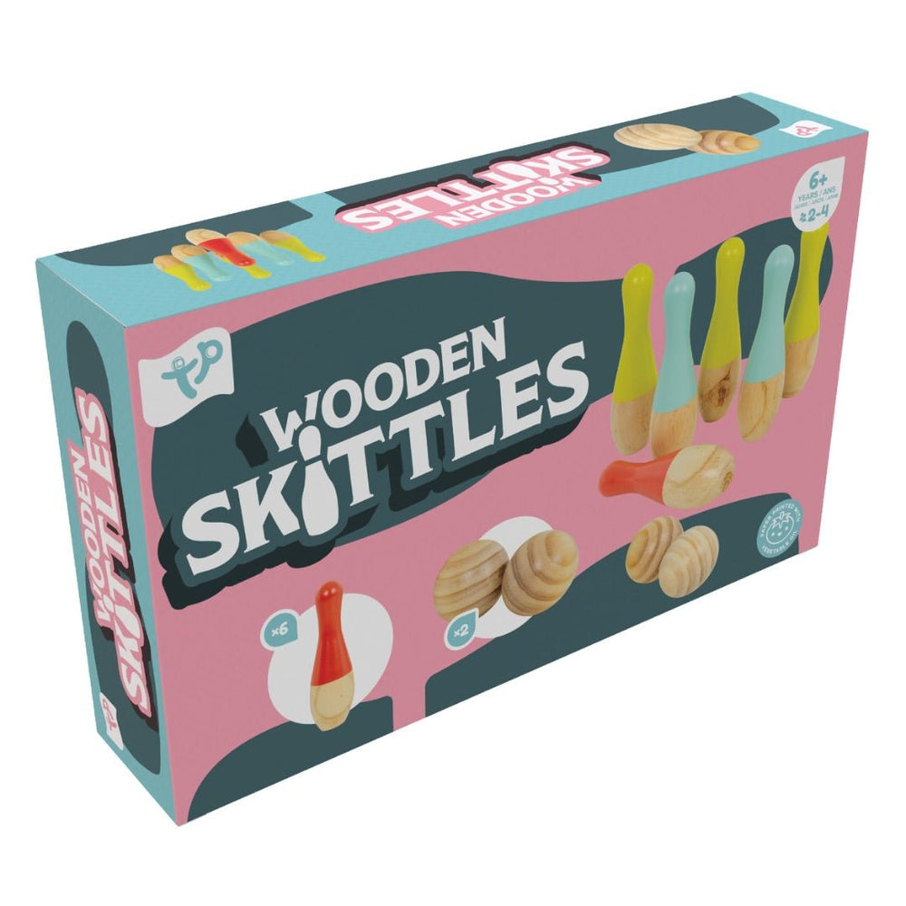 The TP Toys TP Wooden Outdoor Skittles - FSC® certified set includes six pastel skittles and two wooden balls, made from FSC-certified wood—perfect for outdoor play for ages 6 and up.