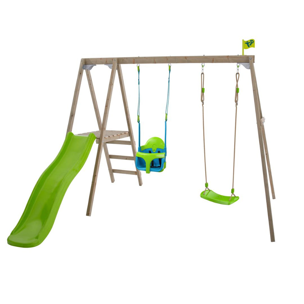 The TP Toys TP Forest Multiplay Double Wooden Swing Set features a Quadpod baby swing, Roped Rapide seat, green slide, platform with steps, and yellow flag—an FSC® certified backyard play set for endless fun.