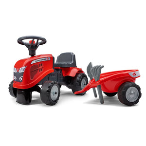 The TP Toys Falk Baby Massey Ferguson Ride-on Tractor with Trailer, Rake & Shovel is a fun outdoor toy for toddlers—perfect for imaginative play in the yard.