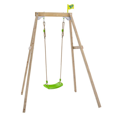 The TP Forest Wooden Single Swing Set with Roped Rapide Seat by TP Toys is made from FSC® certified wood and features a green plastic seat suspended by ropes, topped with a small yellow flag.